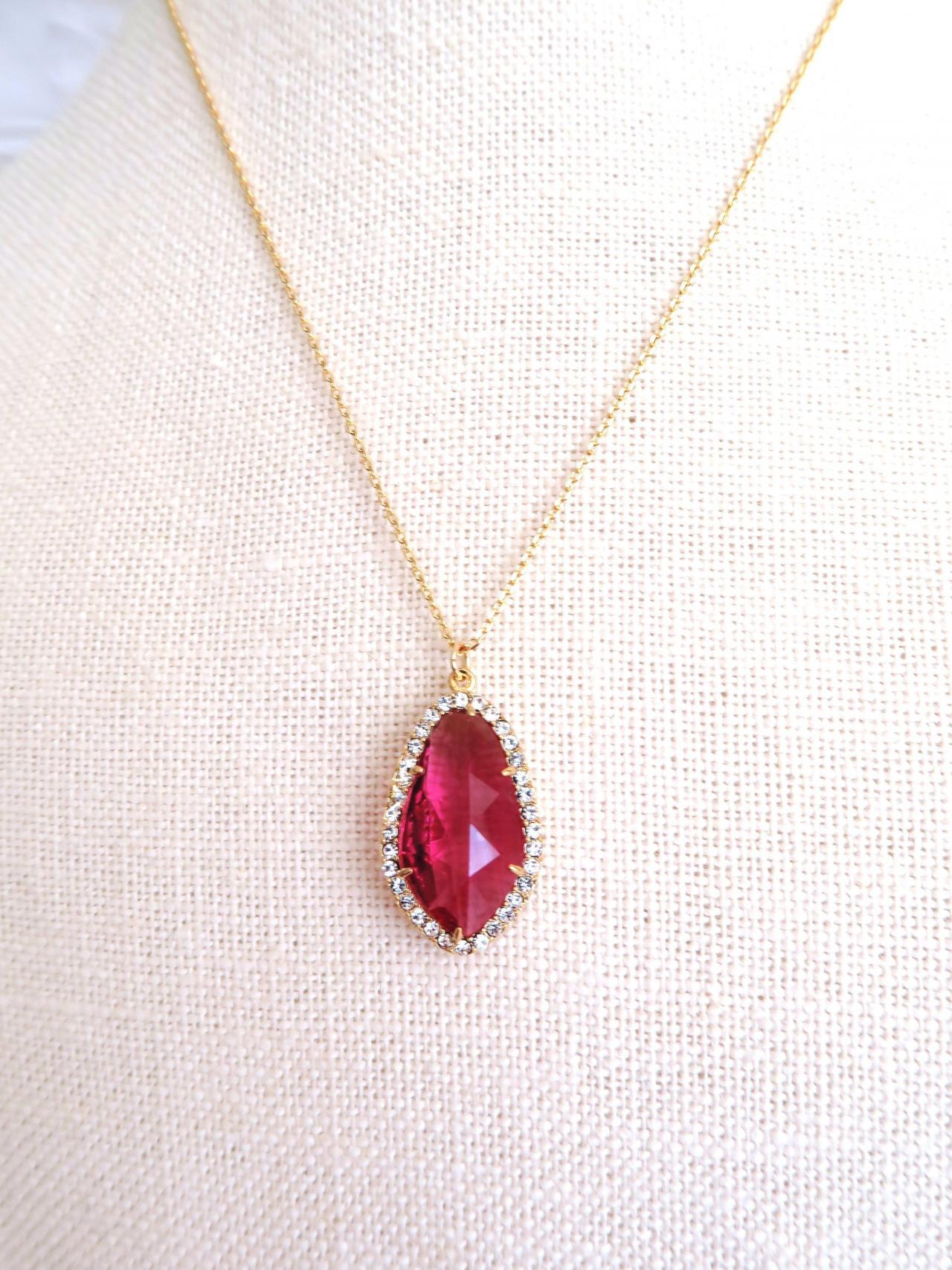 Ruby Red Teardrop Necklace Crystal Charm Necklace Wedding Bridal Pendant Bridesmaids Gift Birthday Gift Valentine's Day (N013)