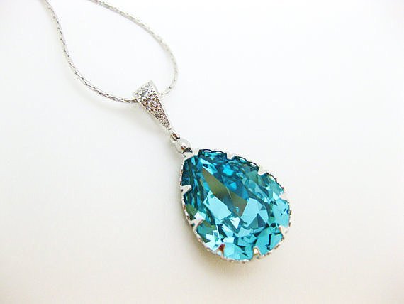 Teal Blue Teardrop Necklace Swarovski Crystal Light Turquoise Necklace Blue Necklace Wedding Jewelry Bridesmaid Gift (n040)