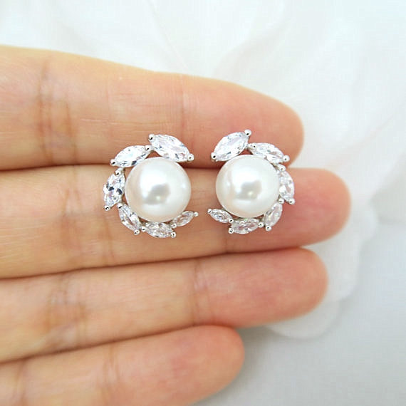 Bridal Pearl Earrings Lux Cubic Zirconia Stud Earrings Wedding Jewelry Swarovski 10mm Pearl Bridesmaids Gift Crystal Earrings (e305)