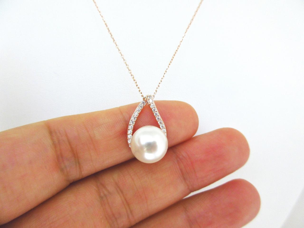Bridal Pearl Necklace Rose Gold Cubic Zirconia Teardrop Swarovski 10mm Pearl Bridesmaid Gift Wedding Necklace Sterling Silver Chain (n029)