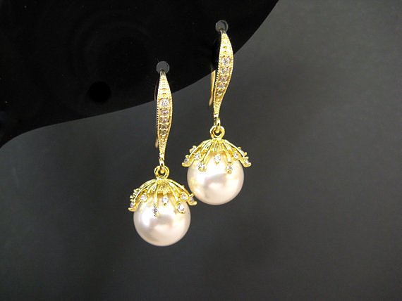 Gold Pearl Earrings Bridal Pearl Earrings Swarovski 10mm Round Pearl Flower Floral Pearl Earrings Wedding Jewelry Bridesmaid Gift (e301)