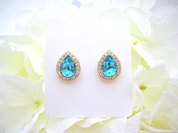 Swarovski Teal Blue Stud Earrings Light Turquoise Earrings Light Blue Earrings Wedding Earring Bridal Stud Earrings Cubic Zirconia (e303)