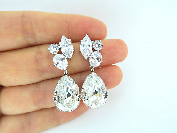 Bridal Crystal Earrings Swarovski Teardrop Crystal Earrings Clear White Cubic Zirconia Earrings Wedding Jewelry Bridesmaid Gift (e003)