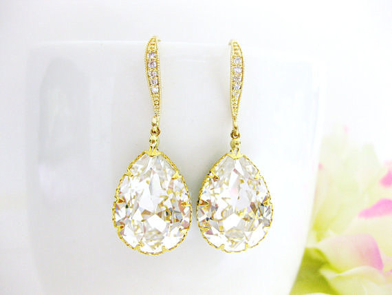 Bridal Crystal Earrings Gold Swarovski Clear Crystal Teardrop Earrings Wedding Jewelry Bridesmaid Gift Bridal Drop Dangle Earrings (e122)