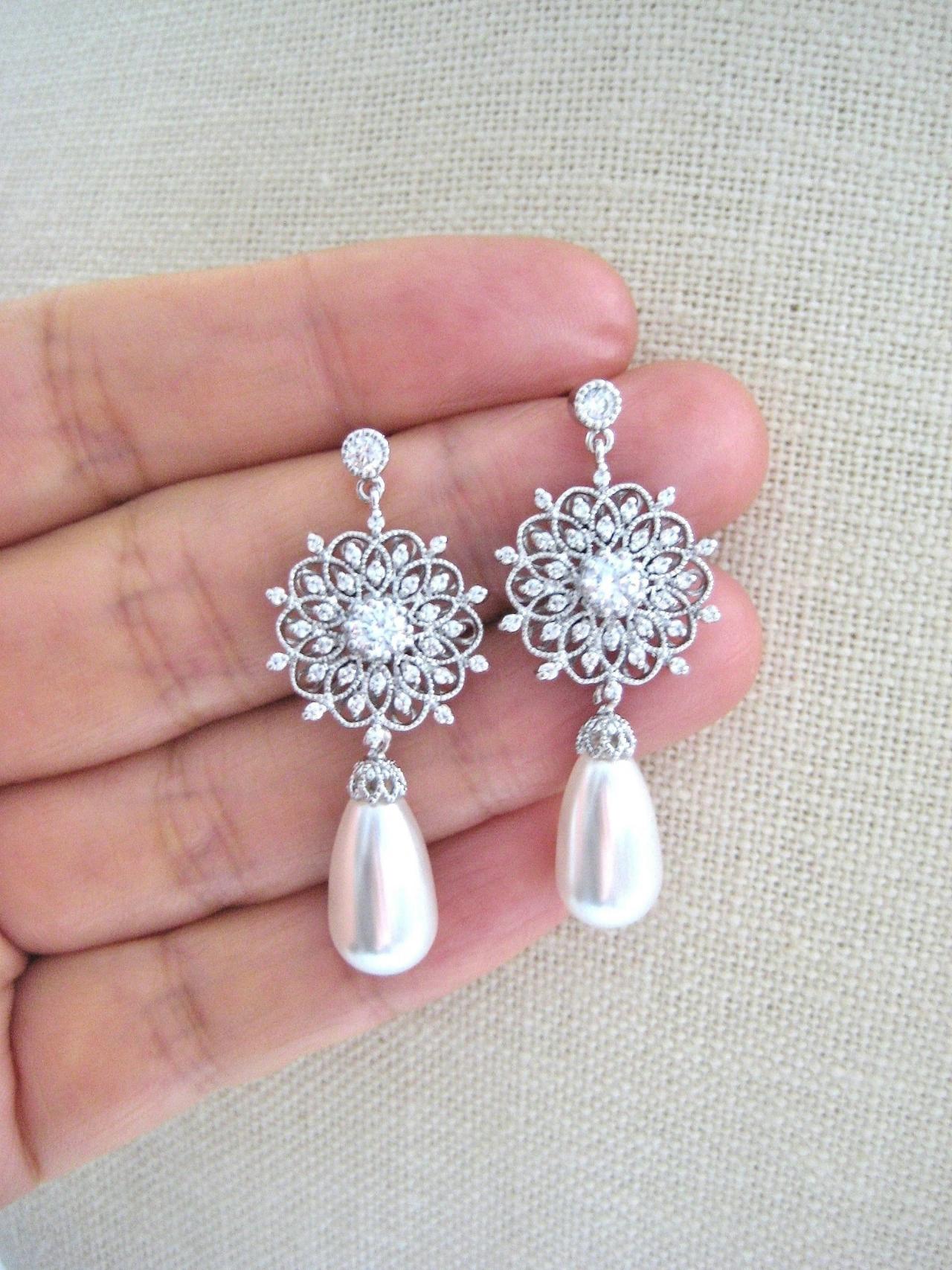 Bridal Pearl Earrings Vintage Wedding Earrings Swarovski Teardrop Pearl Drop Dangle Earrings Chandelier Earrings Bridesmaids Gift (e123)