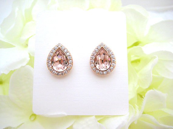 Swarovski Vintage Rose Teardrop Stud Earrings Light Peach Earrings Champagne Crystal Earrings Wedding Jewelry Rose Gold Earrings (e303)