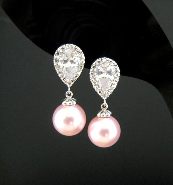 Blush Pink Pearl Earrings Wedding Earrings Swarovski Rosaline 10mm Pearl Light Pink Pearl Earrings Wedding Jewelry Bridesmaid Gift (e176)