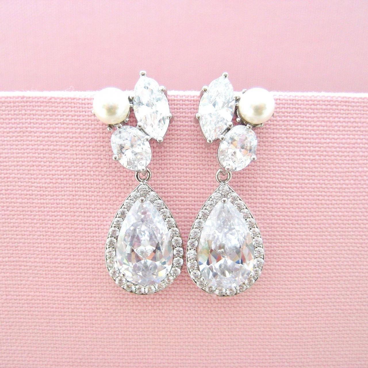 Bridal Crystal Earrings Cubic Zirconia Teardrop Wedding Earrings Swarovski Pearl Earrings Rhinestone Earrings Bridesmaids Gift (e312)