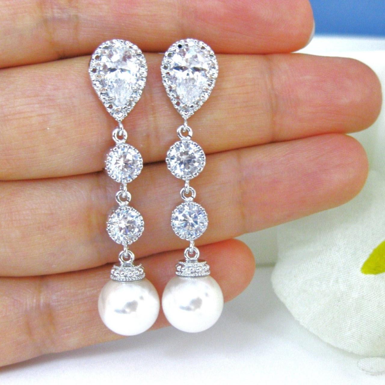 Bridal Pearl Earrings Swarovski 10mm Round Pearl Earrings Wedding Jewelry Bridesmaid Gift Cubic Zirconia Earrings (e039)