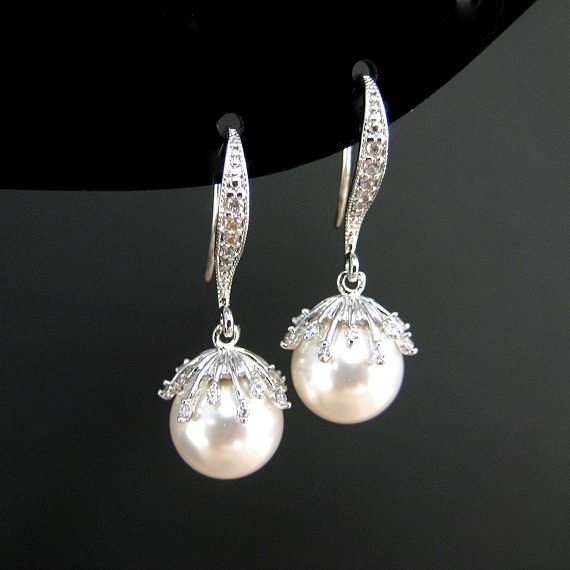 Bridal Pearl Earrings Swarovski 10mm Round Pearl White Gold Earrings Floral Pearl Drop Earrings Wedding Jewelry Bridesmaid Gift (e301)