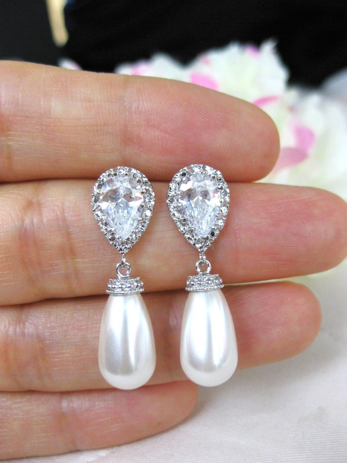 Bridal Pearl Earrings Wedding Jewelry Swarovski Teardrop Pearl Drop Dangle Earrings Cubic Zirconia Earrings Bridesmaid Gift (e070)