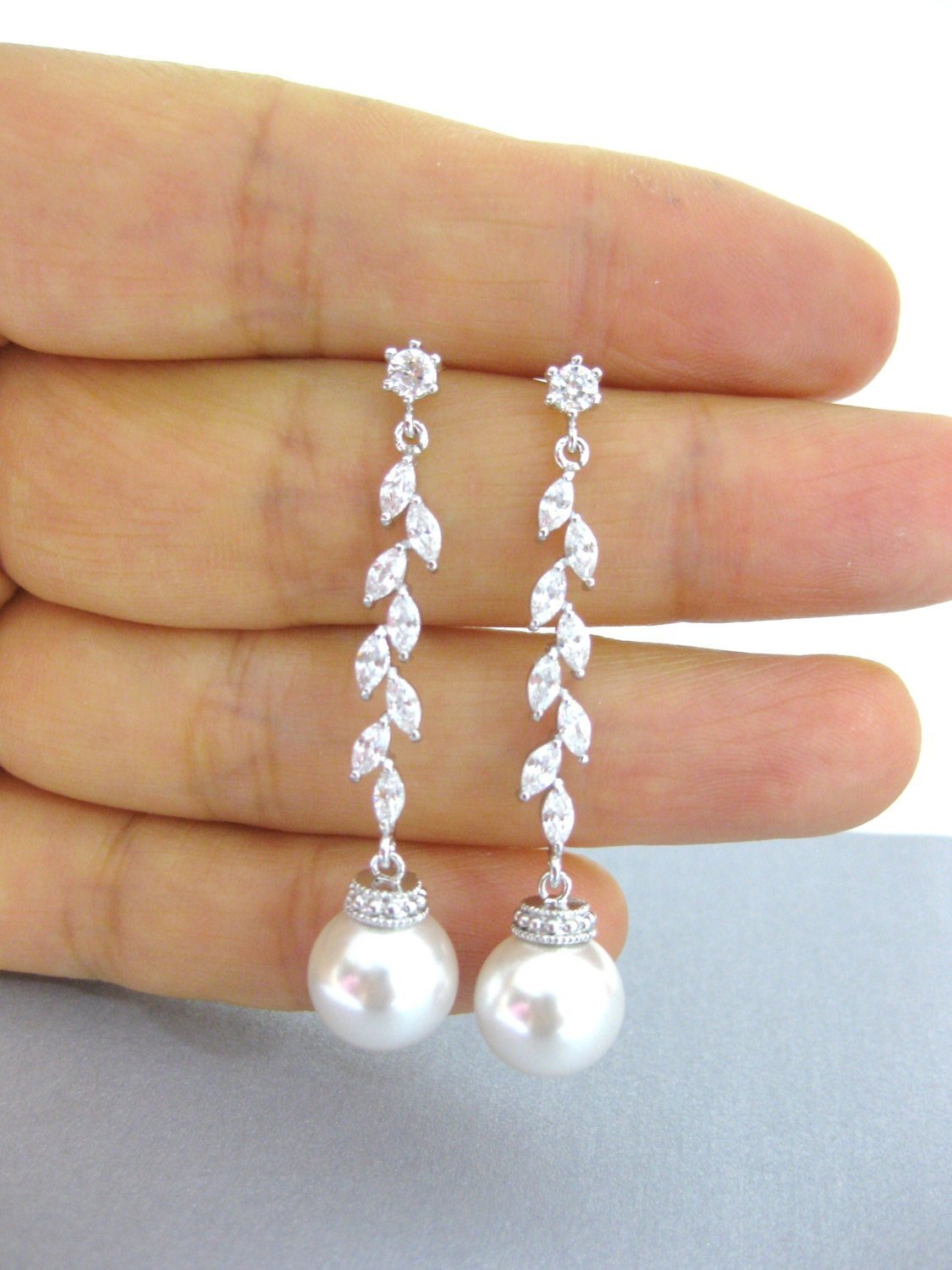 Bridal Pearl Earrings Wedding Jewelry Swarovski 10mm Pearl Earrings Long Dangle Earrings Cubic Zirconia Earrings Bridesmaid Gift (e179)