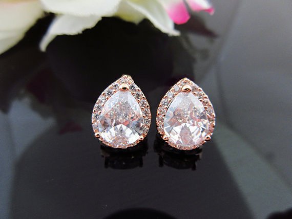 Bridal Rose Gold Crystal Earrings Cubic Zirconia Teardrop Stud Earrings Wedding Jewelry Bridesmaid Gift Sparky Earrings Gold Earrings (e010)