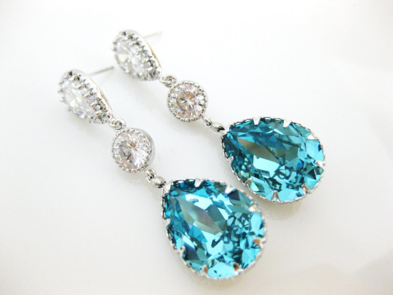 Teal Blue Teardrop Earrings Bridal Crystal Earrings Wedding Jewelry Swarovski Light Turquoise Crystal Cubic Zirconia Earrings (E164)