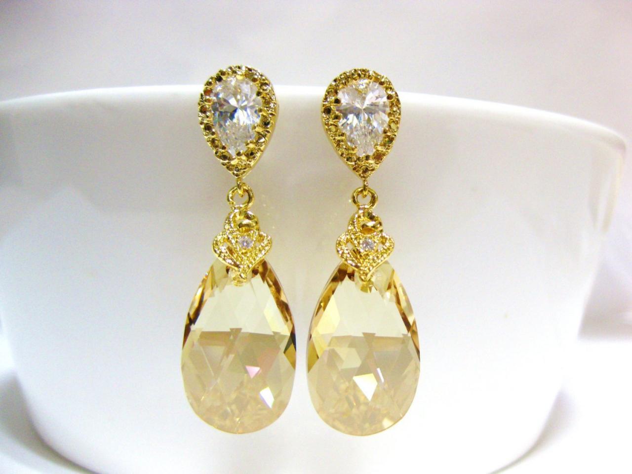 Swarovski Golden Shadow Earrings Bridal Crystal Earrings Champagne Gold Teardrop Earrings Bridesmaids Gift Wedding Jewelry Gift Set (e024)