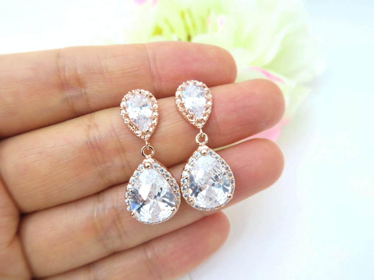 Rose Gold Earrings Large Lux Cubic Zirconia Earrings Teardrop Earrings Bridal Drop Earring Bridesmaid Gift Wedding Jewelry (e033)