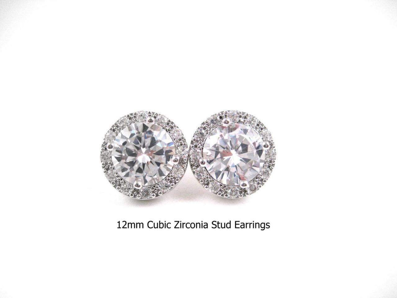 Bridal Crystal Earrings Lux Cubic Zirconia Stud Earrings 12mm Round Halo Vintage Style Button Earrings Wedding Jewelry (e218)
