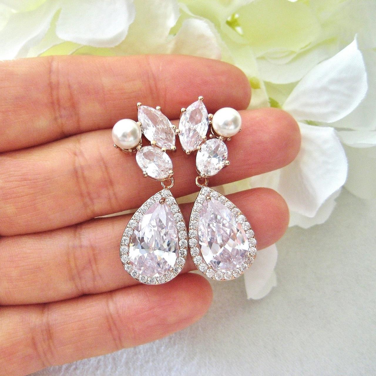 Bridal Crystal Earrings Rose Gold Teardrop Earrings Wedding Pearl Earrings Swarovski Pearl Earrings Bridesmaids Gift (e312)