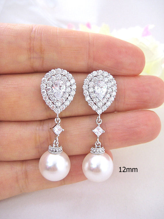 Bridal Pearl Earrings Cubic Zirconia Teardrop Earrings Swarovski 12mm Pearl Halo Style Earrings Wedding Jewelry Bridesmaid Gift (e217)