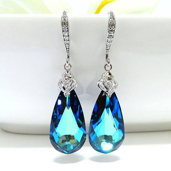 Bermuda Blue Earrings Swarovski Crystal Teardrop Earrings Wedding Jewelry Bridesmaid Gift Bridal Earrings Sparky Earrings (e001)