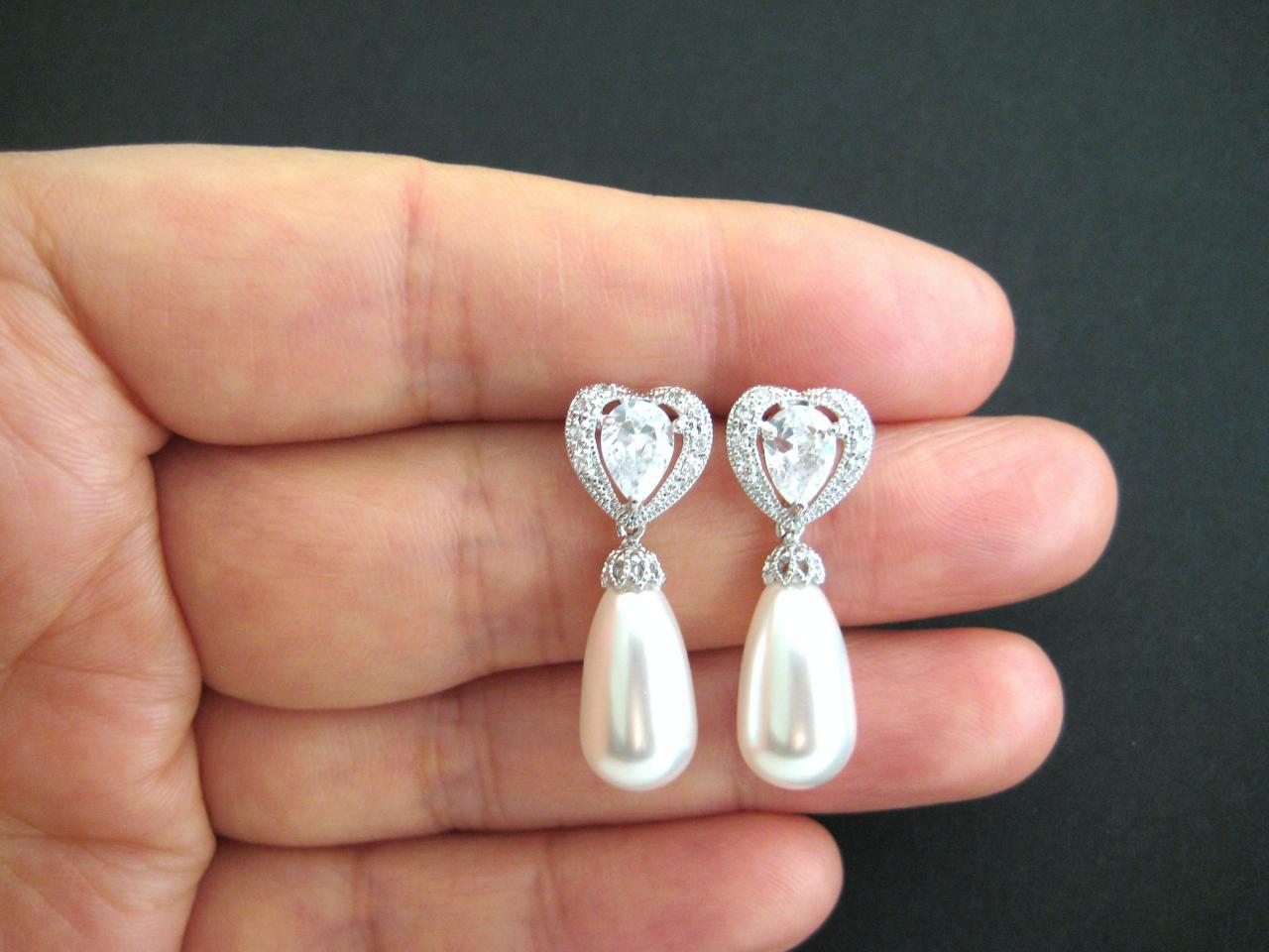 Bridal Pearl Earrings Wedding Pearl Jewelry Swarovski Teardrop Pearl Heart-shaped Cubic Zirconia Earrings Bridesmaid Gift (e140)