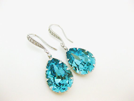 Teal Blue Earrings Swarovski Light Turquoise Earrings Crystal Blue Earrings Wedding Jewelry Bridal Drop Earrings Bridesmaids Gift (e139)