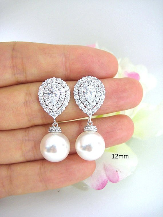 Bridal Pearl Earrings Wedding Jewelry Swarovski 12mm Pearl Lux Cubic Zirconia Teardrop Earrings Multi-stone Halo Style Earrings (e217)