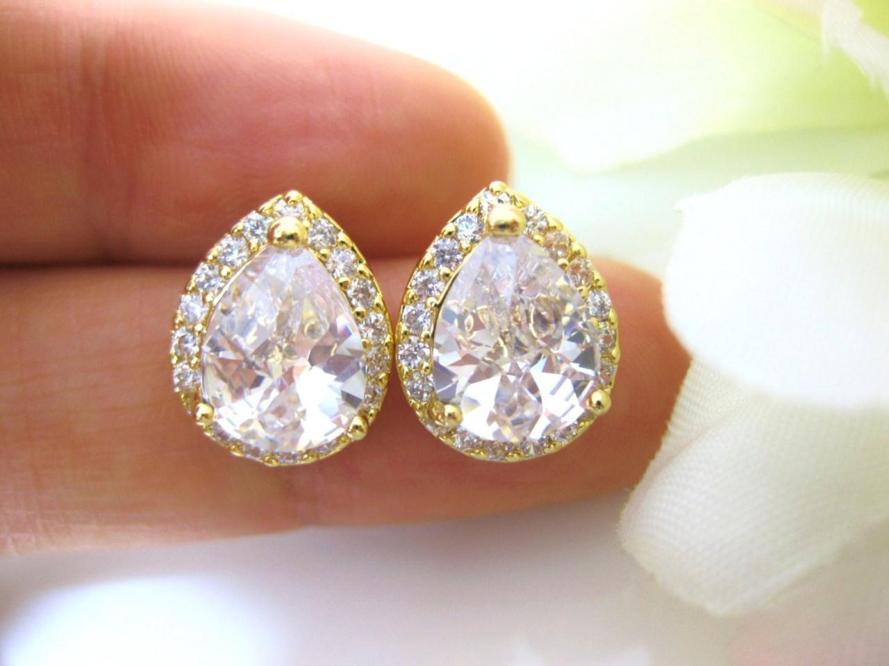 Gold Crystal Earrings Cubic Zirconia Teardrop Stud Earrings Wedding Jewelry Bridesmaid Gift Bridal Stud Earrings Gold Earrings (e010)