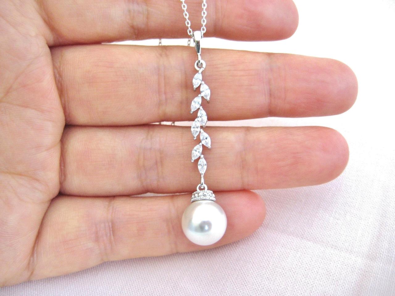 Bridal Pearl Necklace Wedding Jewelry Swarovski 10mm Pearl Necklace Long Dangle Necklace Cubic Zirconia Necklace Bridesmaid Gift (n015)