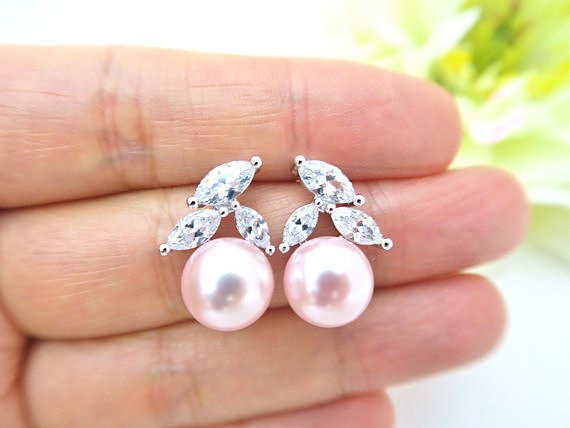Blush Pink Pearl Earrings Wedding Jewelry Cubic Zirconia Stud Earrings Rosaline Pearl Earrings Wedding Jewelry Bridesmaids Gift (e200)
