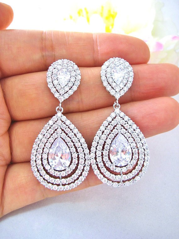Bridal Crystal Earrings Wedding Jewelry Cubic Zirconia Multi-stone Teardrop Earrings Wedding Earrings Bridesmaid Gift (e219)