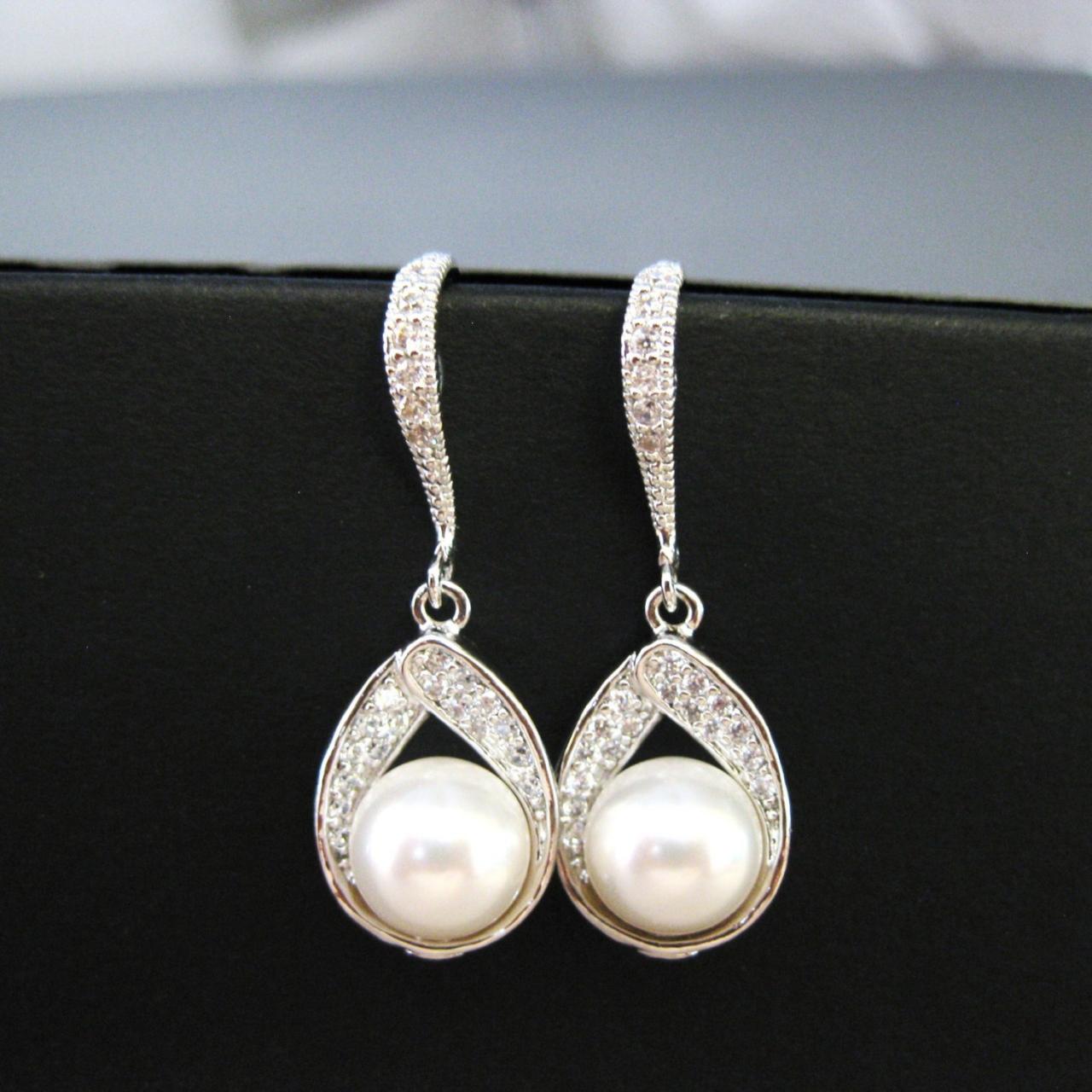 Bridal Pearl Earrings Wedding Jewelry Swarovski 8mm Pearl Cubic Zirconia Teardrop Earrings Drop Dangle Earrings Bridesmaid Gift (e017)