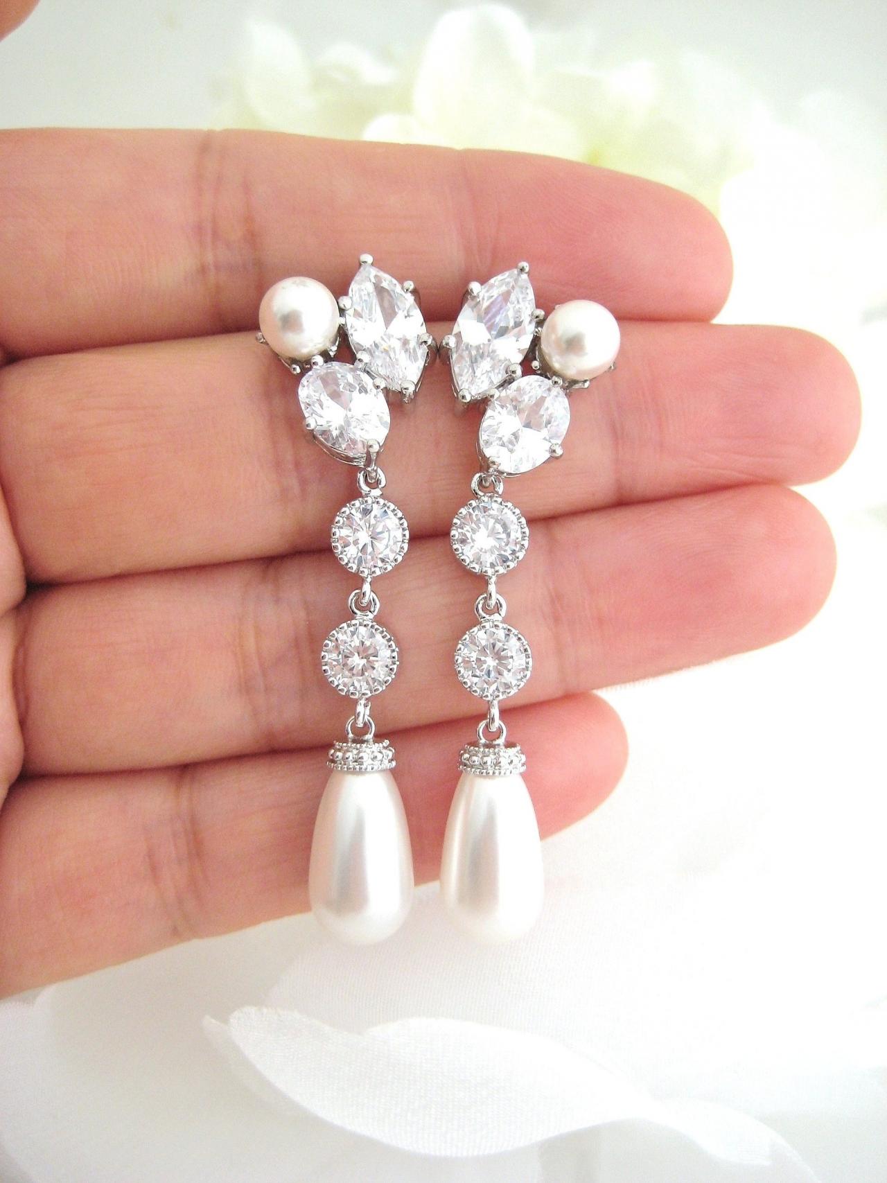 Bridal Teardrop Pearl Earrings Wedding Earrings Swarovski Pearl Earrings Bridesmaids Gift Crystal Cubic Zirconia Earrings (e313)