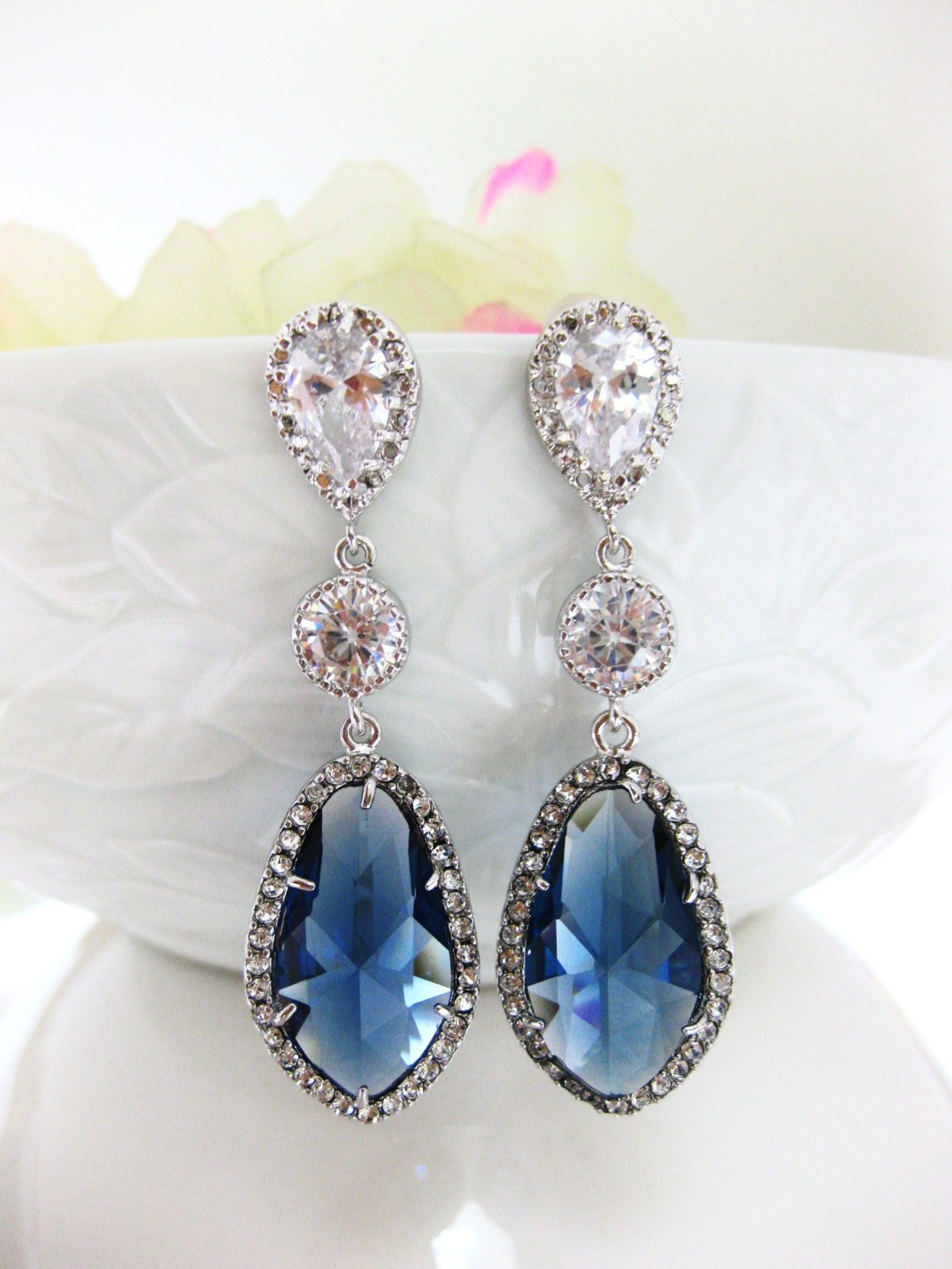 Montana Blue Teardrop Earrings Bridal Earrings Wedding Jewelry Blue Earrings Cubic Zirconia Bridesmaids Gift (e055)