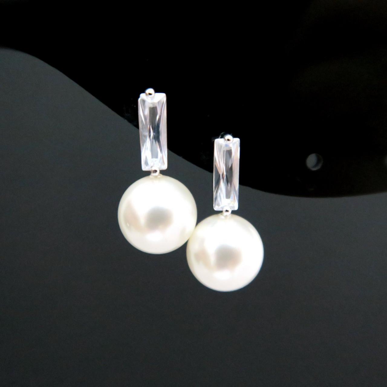 Pearl Earrings Swarovski 10mm Round Pearl Earrings Cubic Zirconia Bar Stud Earrings Wedding Jewelry Bridesmaids Gift (e162)