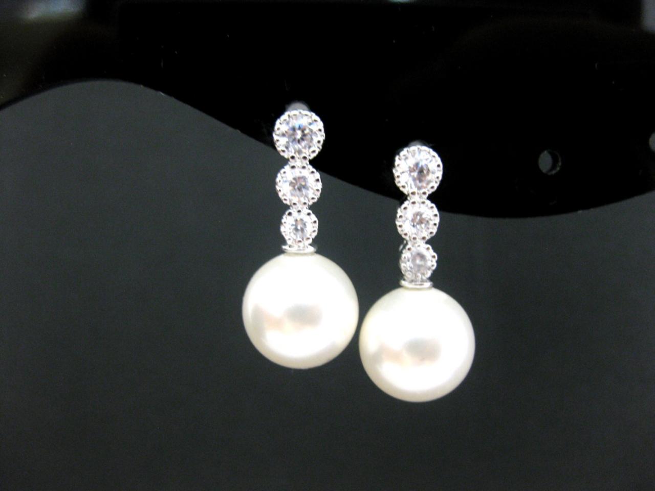 Bridal Pearl Earrings Pearl Stud Earrings Swarovski 10mm Round Pearl Wedding Jewelry Bridesmaids Gift Cubic Zirconia Earrings (e181)