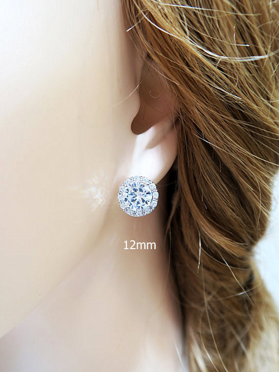 Bridal Crystal Stud Earrings Lux Cubic Zirconia 12mm Round Halo Vintage Style Button Earrings Wedding Jewelry (e218)