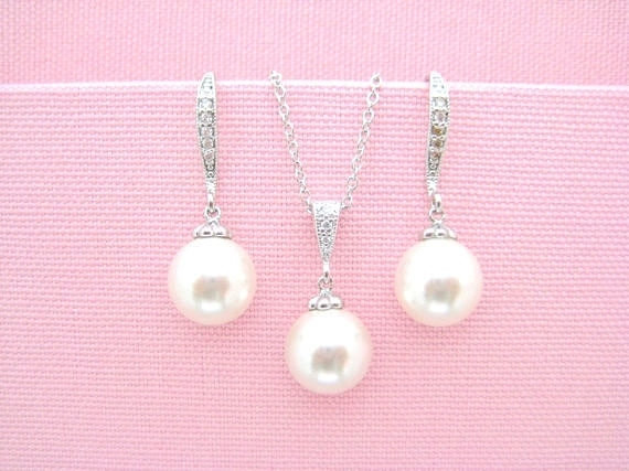 Bridal Pearl Earrings & Necklace Gift Set Wedding Jewelry Swarovski 10mm Pearl Bridesmaid Gift Mother Of Bride Bridal Party Gifts (e004)