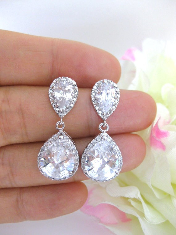Lux Cubic Zirconia Earrings White Gold Teardrop Earrings Bridal Drop Earrings Wedding Jewelry Bridesmaid Gift White Gift For Her (e033)