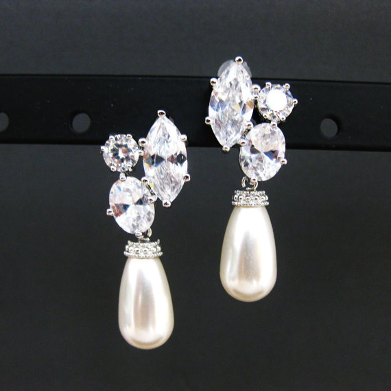 Bridal Teardrop Pearl Earrings Cubic Zirconia Stud Swarovski Teardrop Pearl Wedding Jewelry Bridesmaid Gift Dangle Drop Earrings (e071)