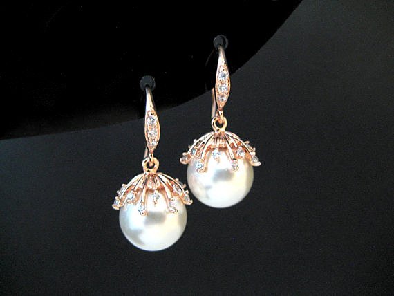 Bridal Pearl Earrings Swarovski 10mm Round Pearl White Gold Earrings Flower Cup Earrings Earrings Wedding Jewelry Bridesmaid Gift (e301)