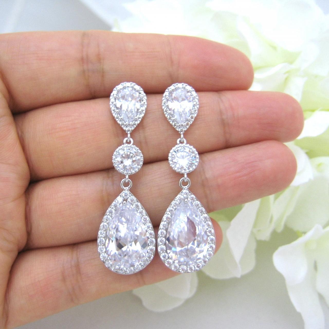 Bridal Crystal Earrings Wedding Earrings Cubic Zirconia Teardrop Earrings Bridesmaids Gift Long Bridal Earrings (e006)