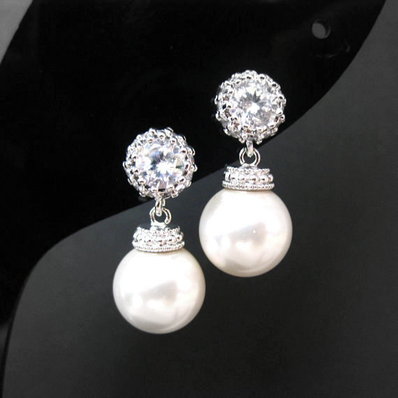 Bridal Pearl Earrings Swarovski 10mm Round Pearl Cubic Zirconia Earrings Wedding Jewelry Bridesmaid Gift Bridal Drop Dangle Earrings (e095)