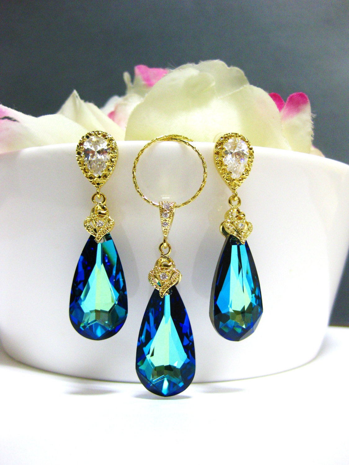 Bermuda Blue Earrings & Necklace Gift Set Swarovski Crystal Teardrop Gold Jewelry Bridesmaid Gift Bridal Drop Earrings (ne003)