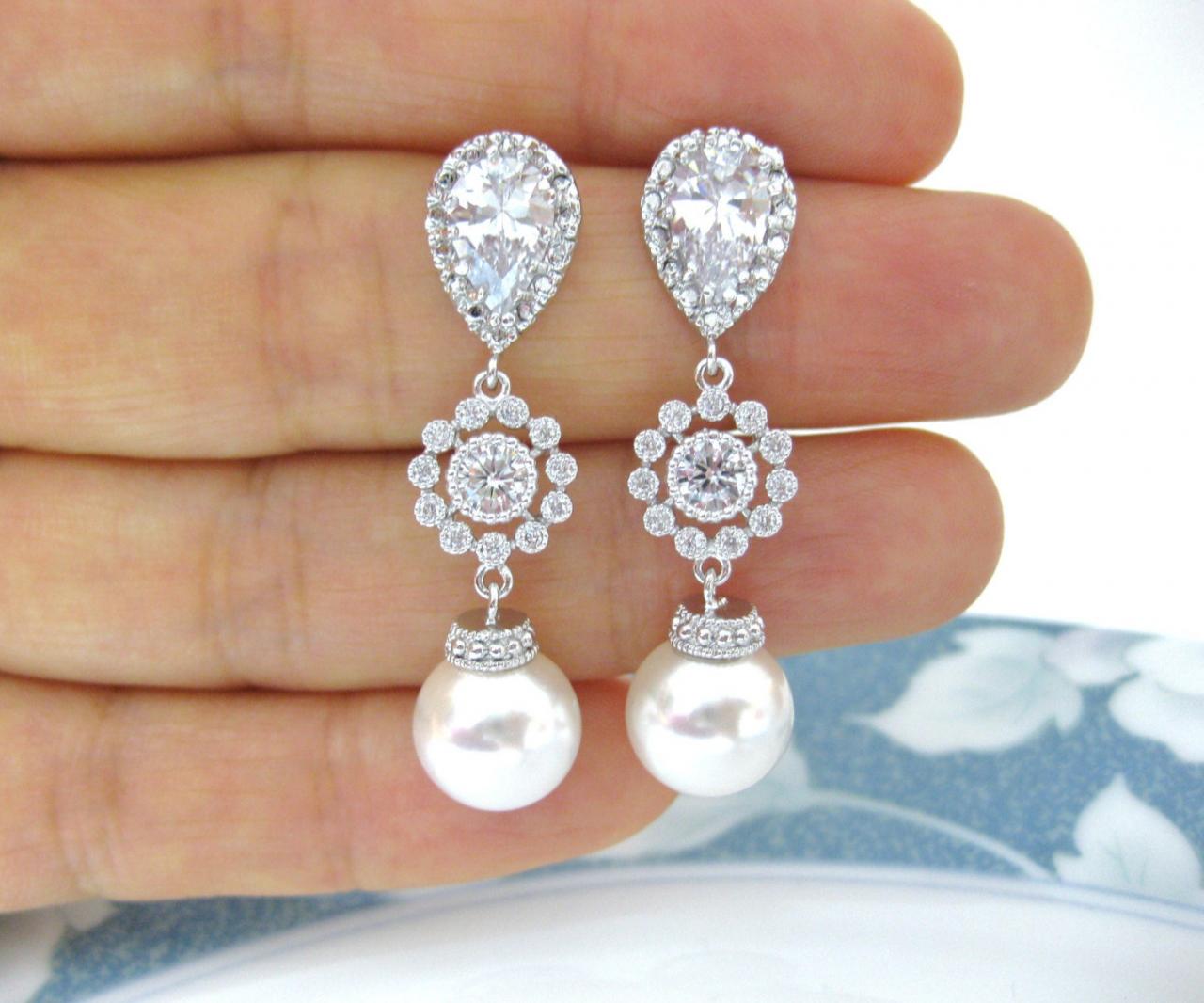 Bridal Pearl Earrings Swarovski Round 10mm Pearl Wedding Jewelry Bridesmaid Gift Cubic Zirconia Earrings Silver Floral Earrings (e113)