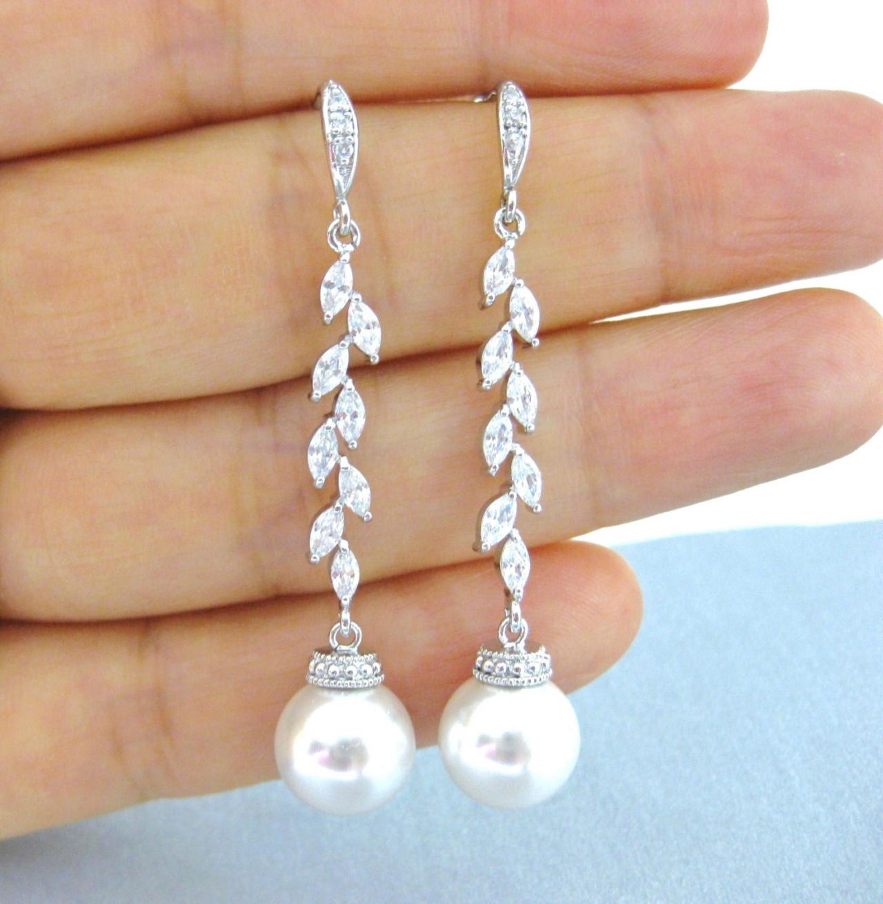 Bridal Pearl Earrings Wedding Jewelry Swarovski 10mm Round Pearl Earrings Long Dangle Earrings Bridesmaid Gift Cubic Zirconia Earring (e179)