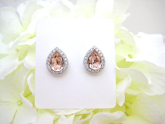 Swarovski Vintage Rose Teardrop Stud Earrings Light Peach Earrings Champagne Crystal Earrings Wedding Jewelry White Gold Earrings (e303)