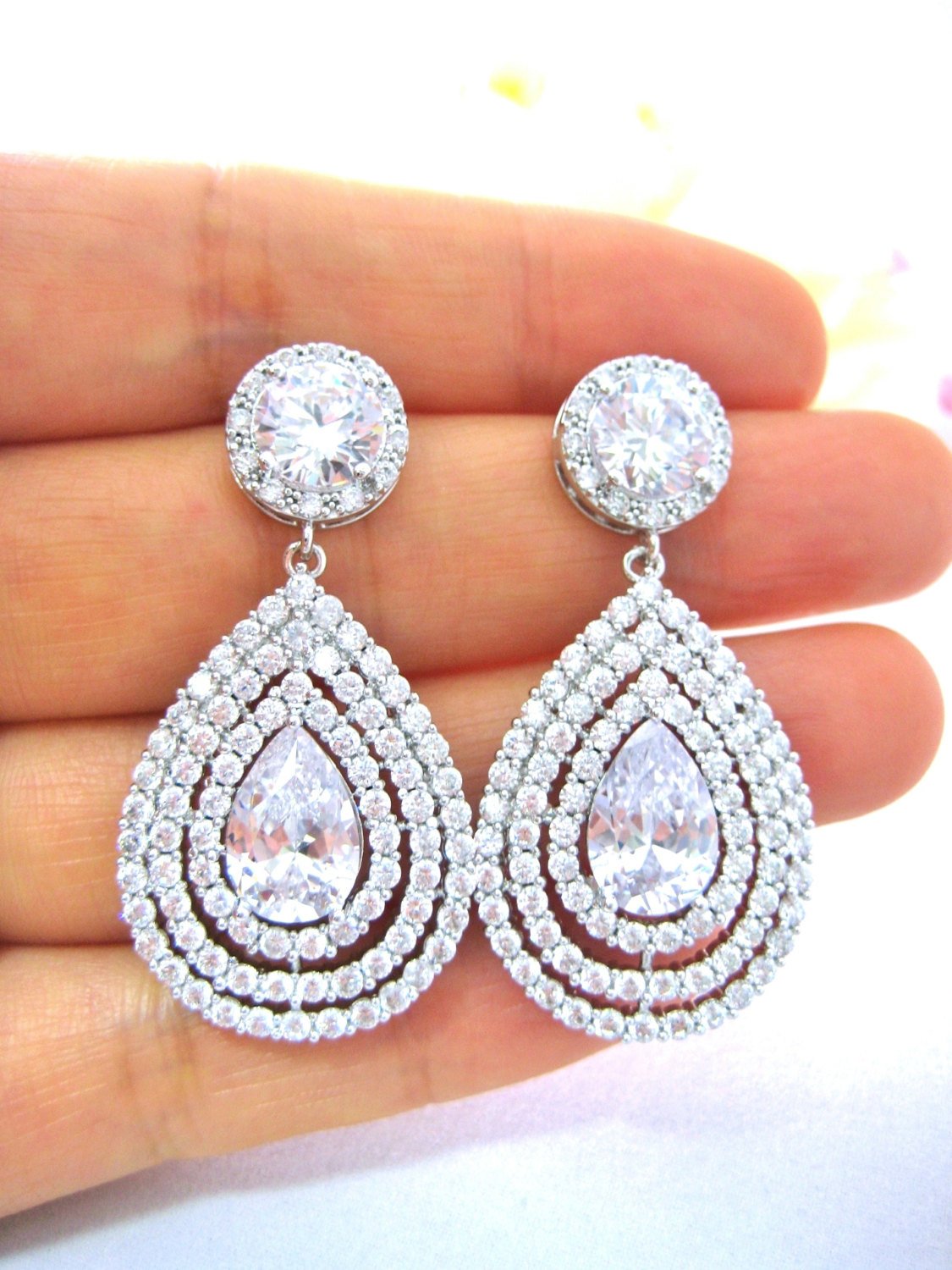 Bridal Earrings Teardrop Earrings Halo Style Earrings Cubic Zirconia Earrings Wedding Jewelry Bridesmaid Gift Multi-stone Earrings (e219)