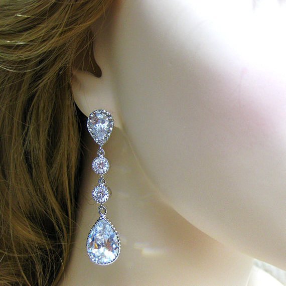Bridal Cubic Zirconia Teardrop Earrings Wedding Jewelry Bridesmaid Gift Bridal Earrings White Gold Earrings Silver Earrings (e100)