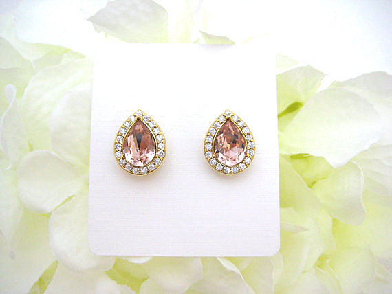 Swarovski Vintage Rose Teardrop Stud Earrings Light Peach Earrings Champagne Crystal Earrings Wedding Jewelry Gold Earrings (e303)